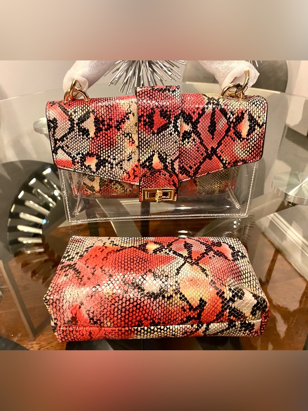 NEW women’s Stylish clear/red Snake-Print Top Handle Bag